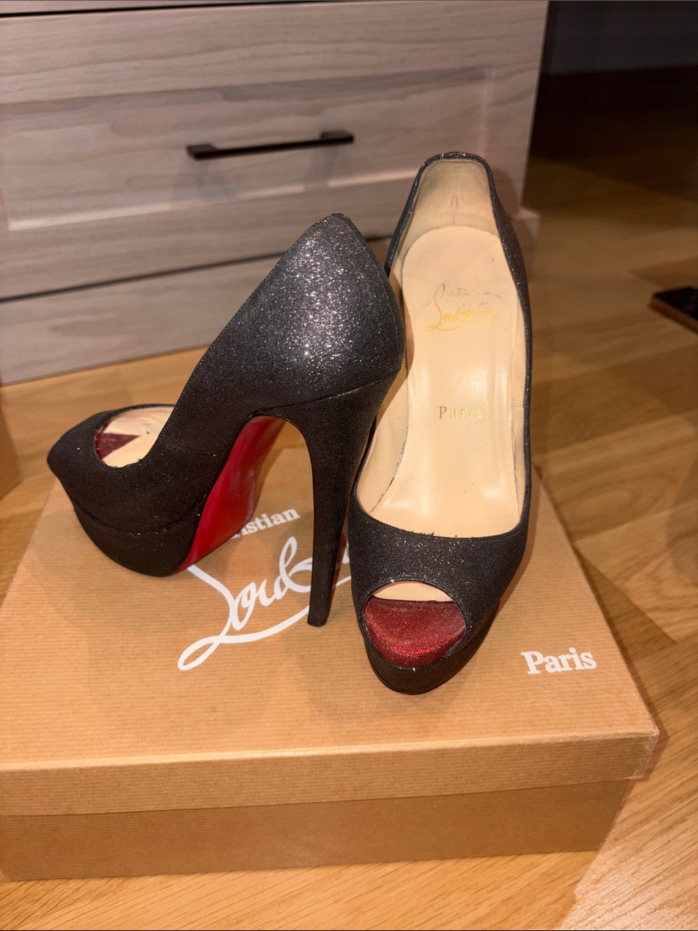 Christian Louboutin Black Glitter Peep-Toe Platform Pumps with Red Sole